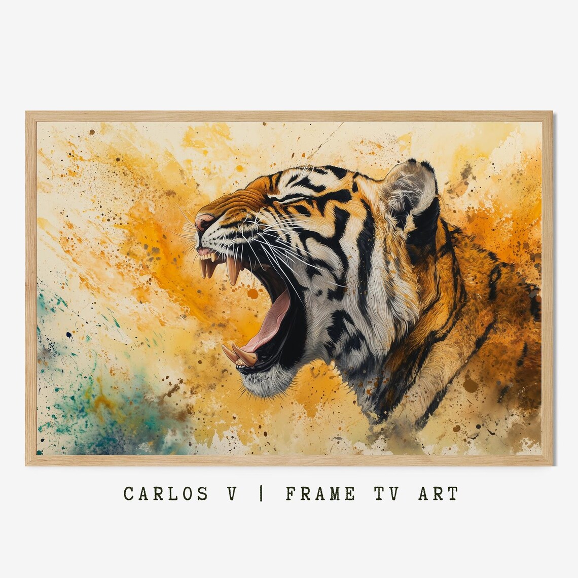 Roaring Tiger Portrait Fierce Fangs Golden Splash Art Poster