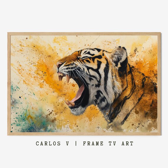 Roaring Tiger Portrait Fierce Fangs Golden Splash Art Poster
