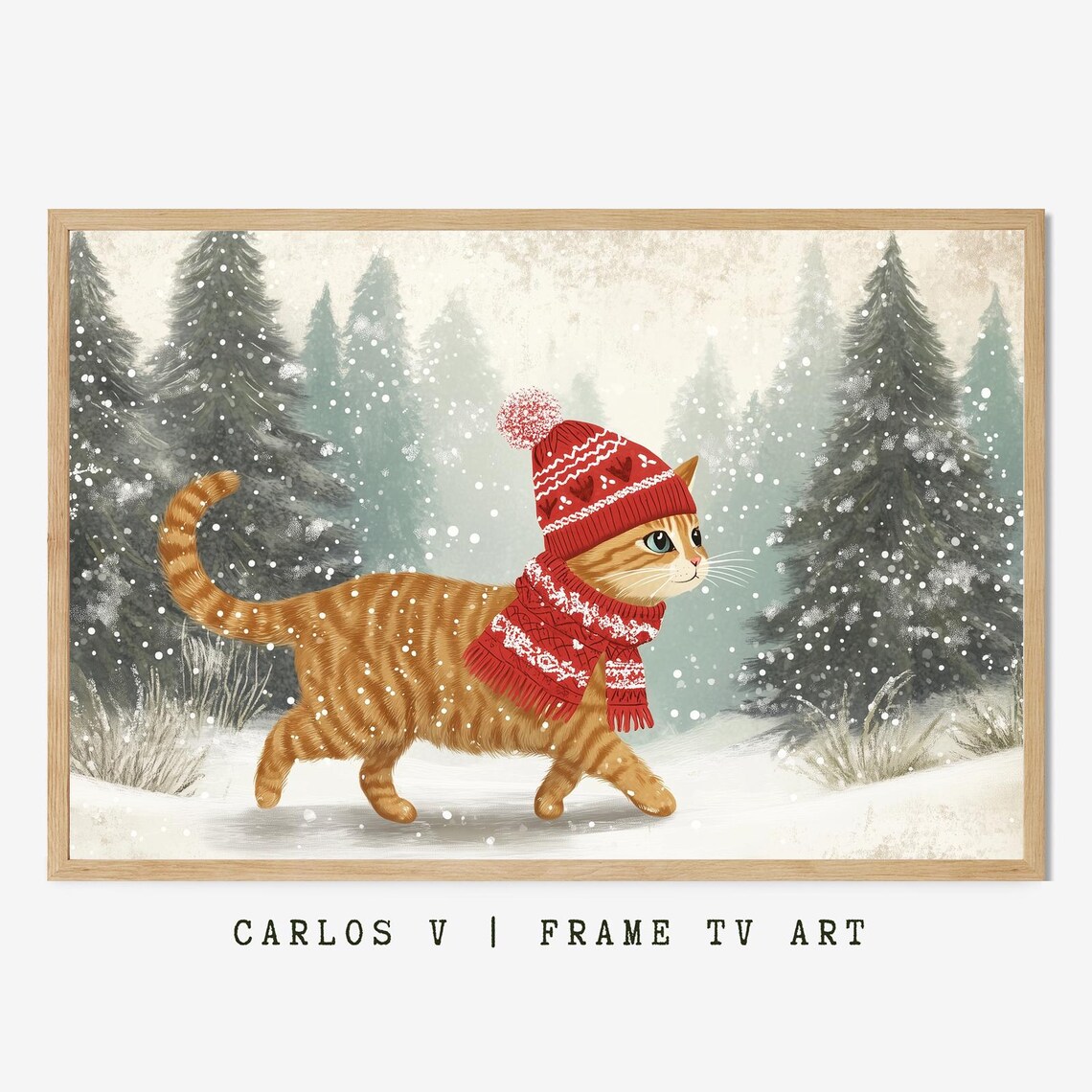Cat In Red Sweater With Snowflakes, Winter Illustration