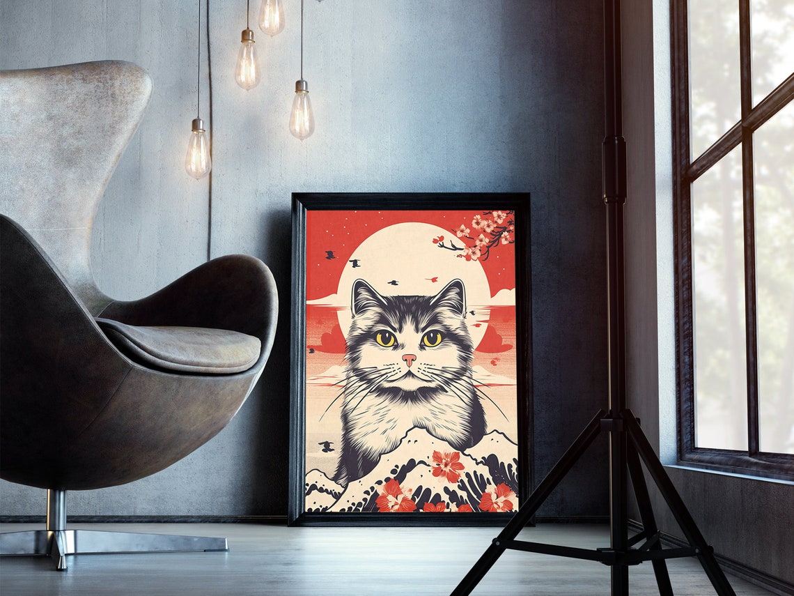 Bold Japanese Cat Under a Rising Sun With Cherry Blossoms Poster