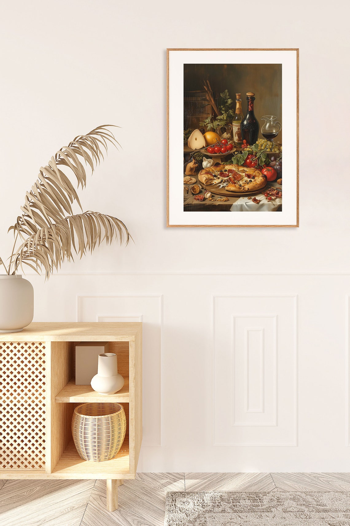 Rustic Italian Still Life With Pizza Wine Grapes and Fruit Poster - Image 2