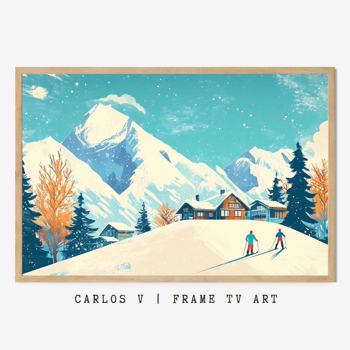 Two Skiers Approaching Cozy Mountain Chalets Under Snowy Peak Poster