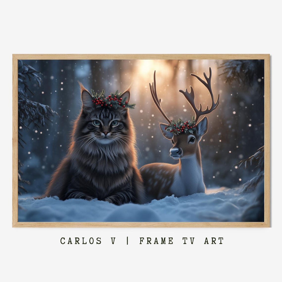 Gray Cat and Deer with Berry Crowns in Snowy Winter Forest Poster