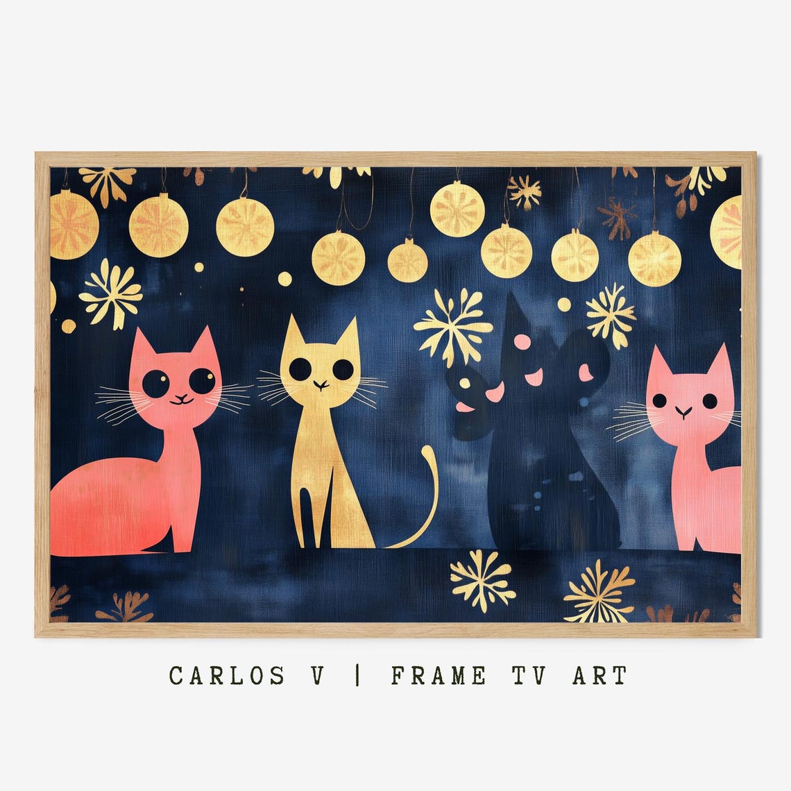 Retro Flat Cats with Gold Christmas Baubles on Navy Art Poster