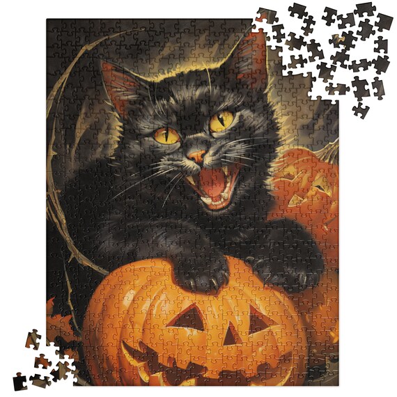 Halloween Black Cat With Pumpkins Jigsaw Puzzle Style Poster
