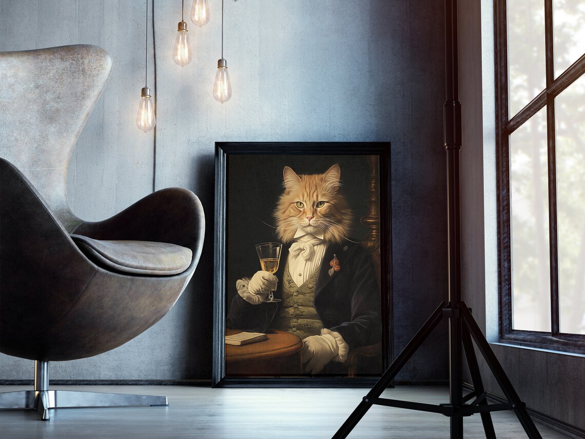 Gentleman Ginger Cat Drinking Wine Tuxedo Vintage Oil Painting Poster - Image 2
