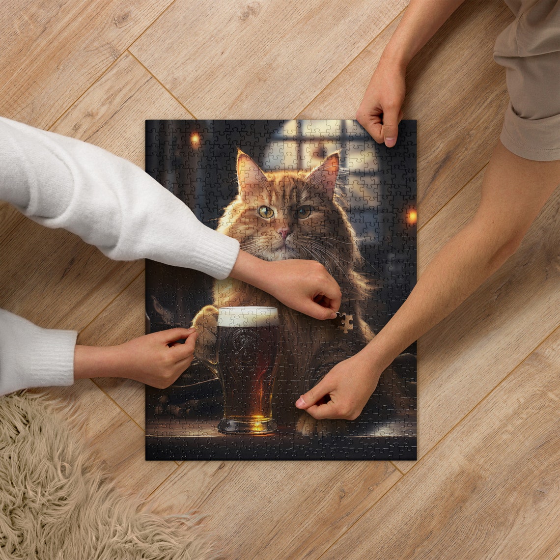 Fluffy Orange Cat With Beer Pint Jigsaw Puzzle Style Art Poster - Image 2