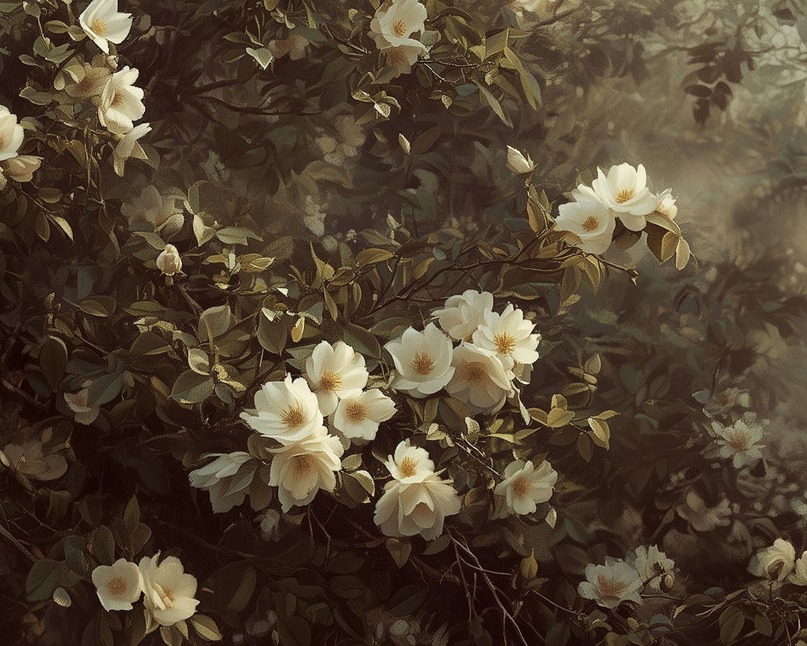 White Wild Roses Blooming Bush Botanical Frame TV Art Poster - Image 2