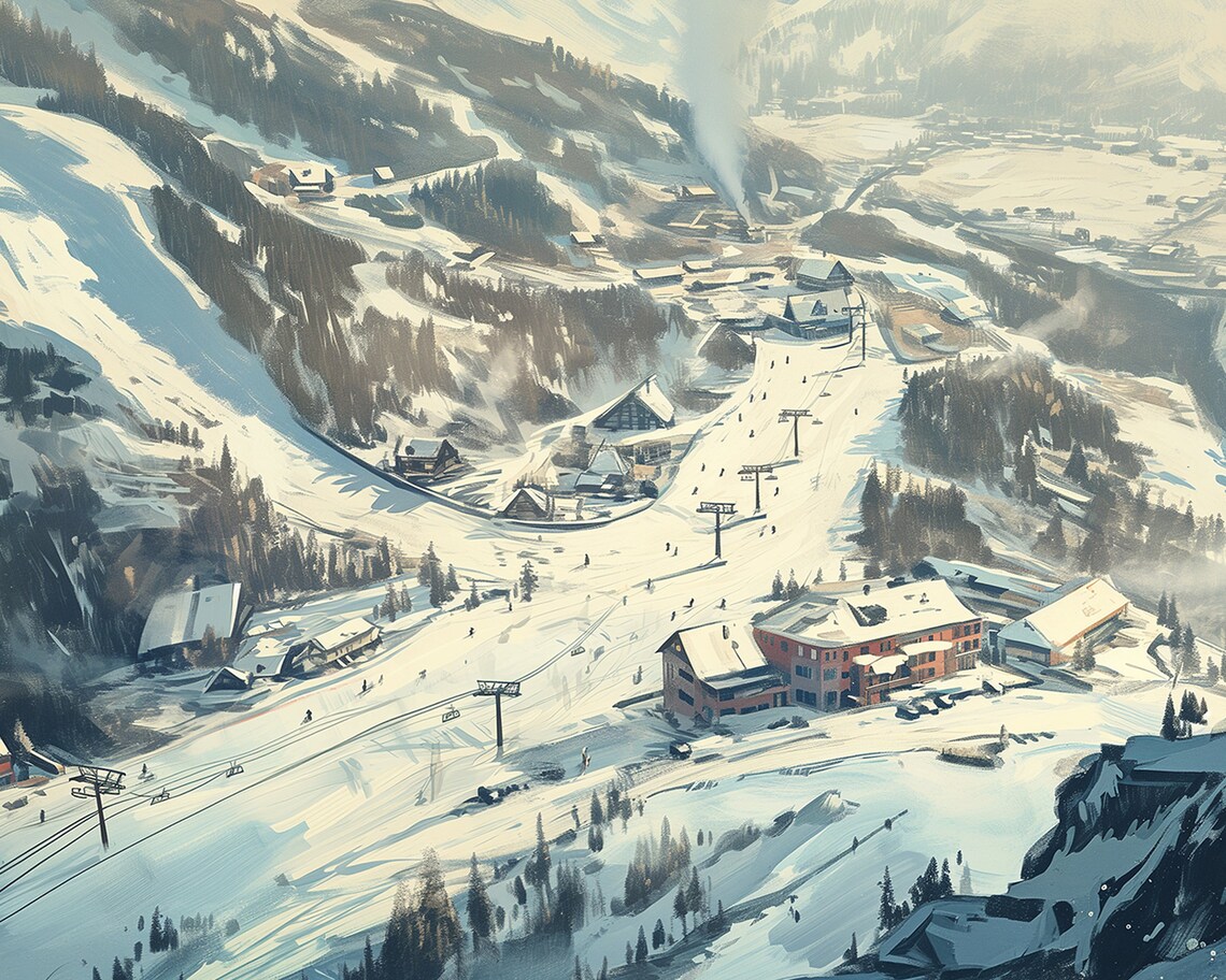 Alpine Ski Resort Aerial View Snowy Mountain Painting Frame TV Art Poster - Image 2