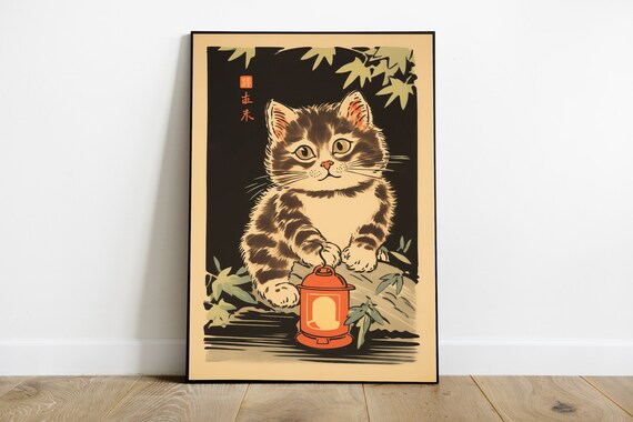 Japanese Kitten With Red Lantern in Vintage Ukiyo E Style Poster