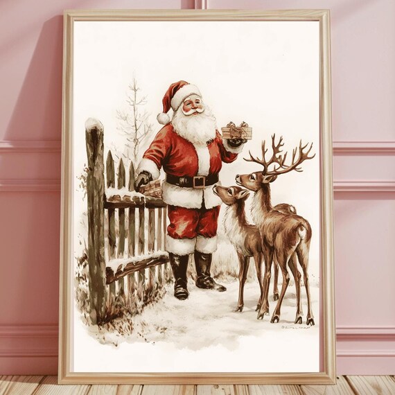 Tender Santa Feeding Two Reindeer by a Snowy Fence Watercolor Art Print