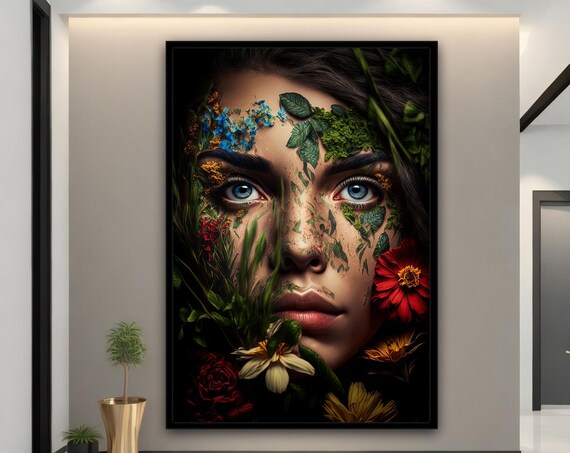 Woman Face Wildflowers Nature Blue Eyes Green Botanical Art Poster