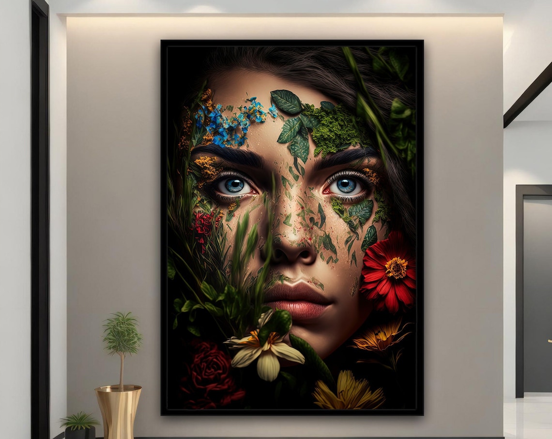 Woman Face Wildflowers Nature Blue Eyes Green Botanical Art Poster