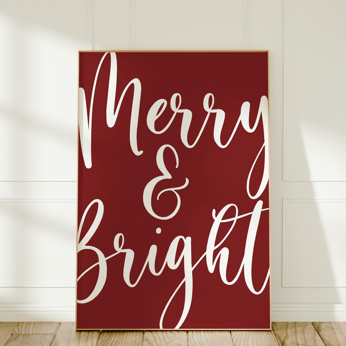 Merry and Bright Script Red Christmas Typography Holiday Art Print