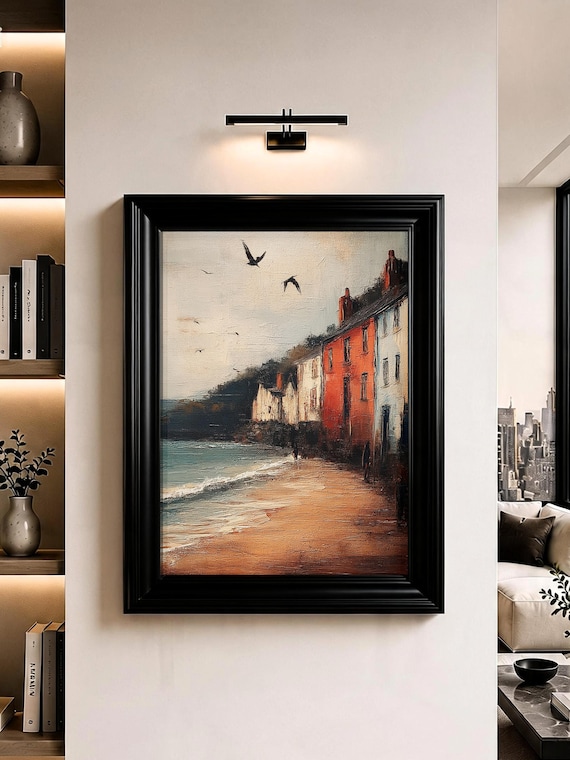 Seaside Village Coastal Cottage Red Houses Oil Painting Poster for Home