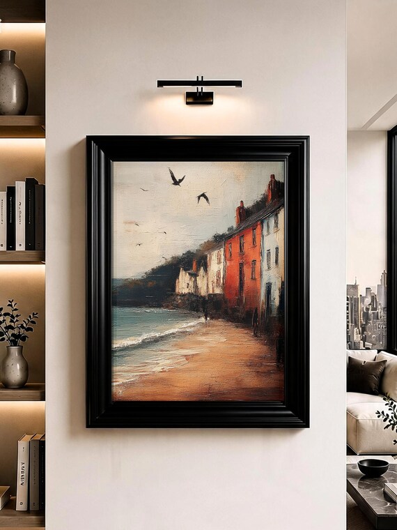 Seaside Village Wall Art Coastal Cottage Oil Painting Print