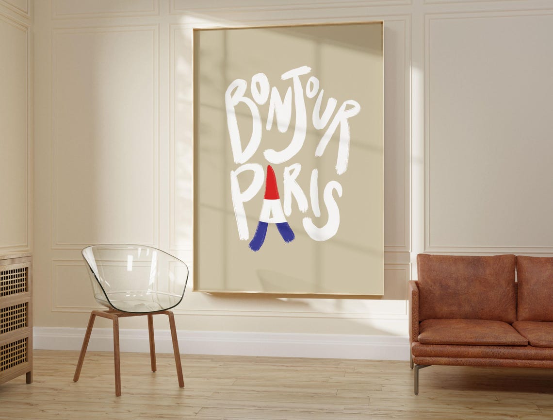 Bonjour Paris Hand Lettered Eiffel Tower Typography Wall Poster