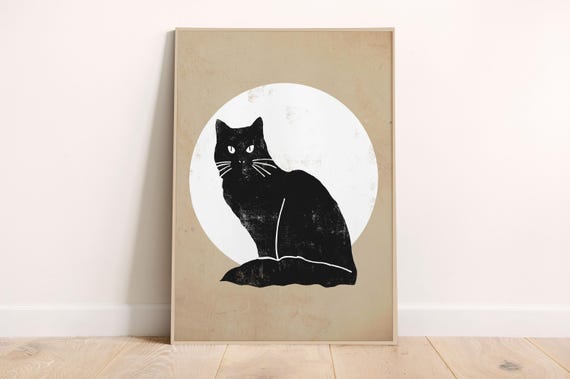 Vintage Black Cat Art Print Spooky Full Moon Poster Halloween Wall Decor Gothic Minimalist Fall Seasonal Illustration For Home