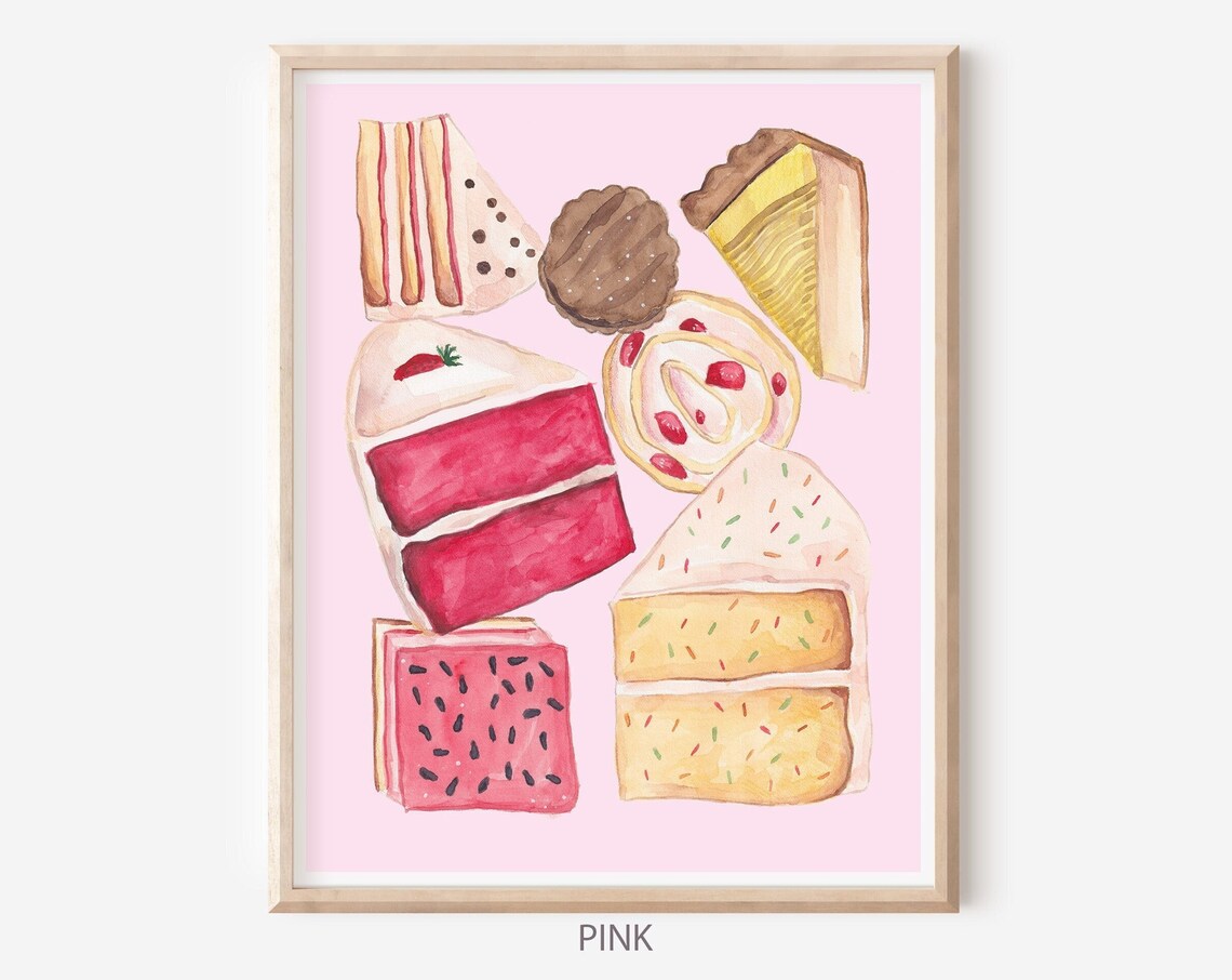 Pink Background Cake And Dessert Watercolor Collage Bakery Wall Art
