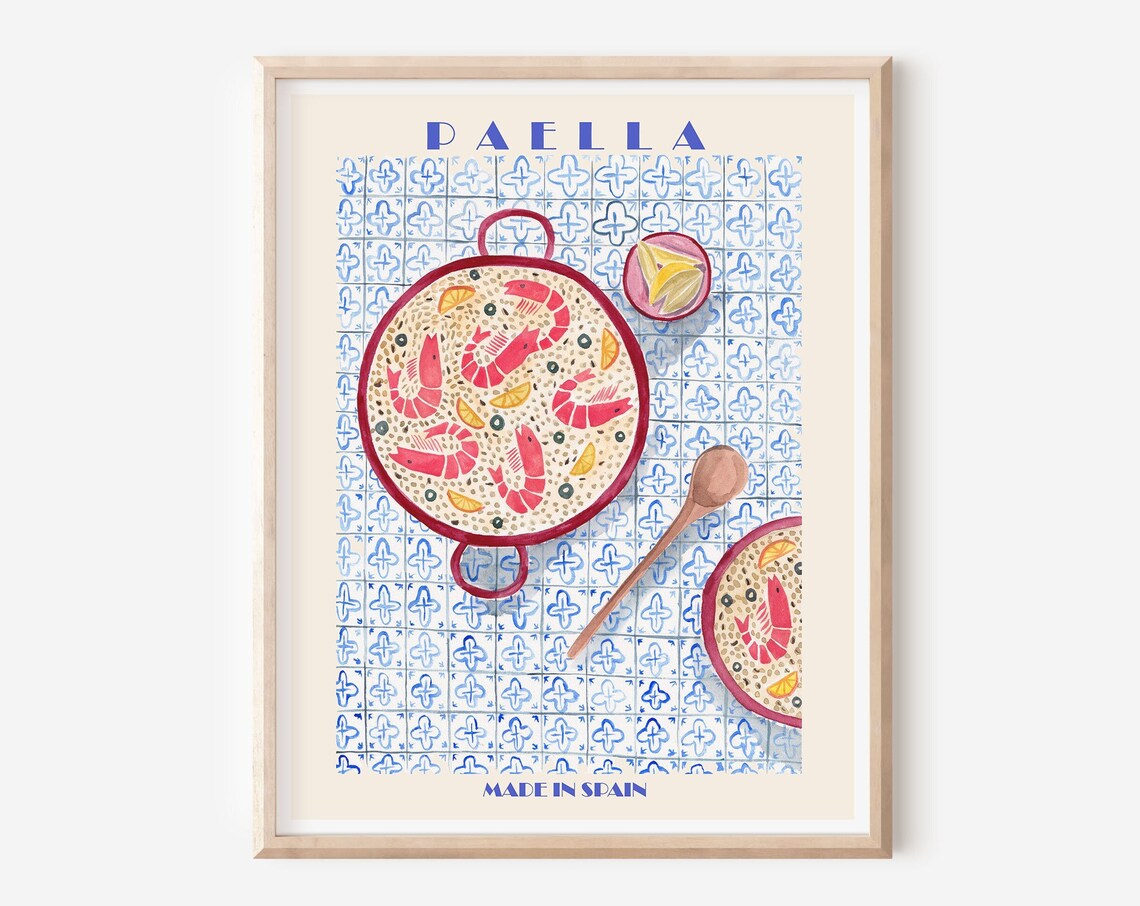 Spanish Paella Seafood Rice Dish Blue Tile Kitchen Wall Art Poster