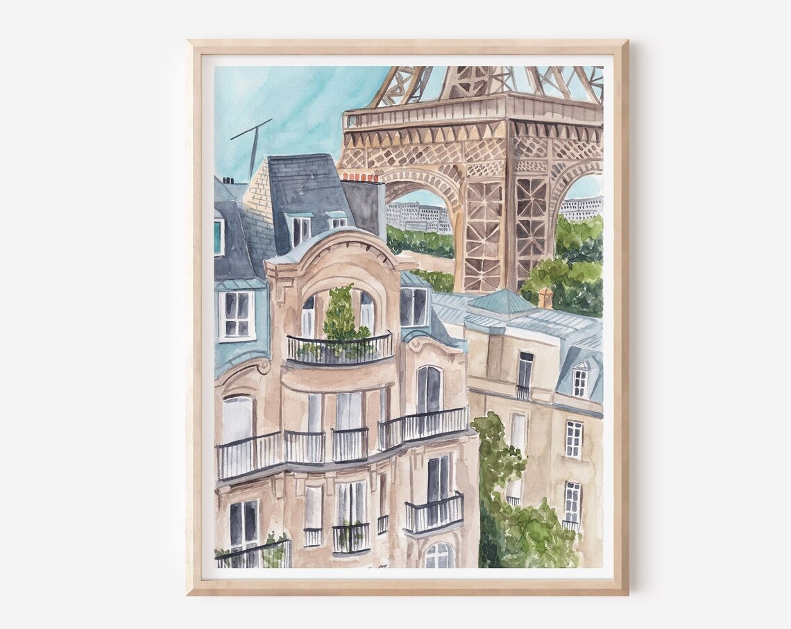 Paris Haussmann Rooftops With Eiffel Tower Watercolor City View Poster