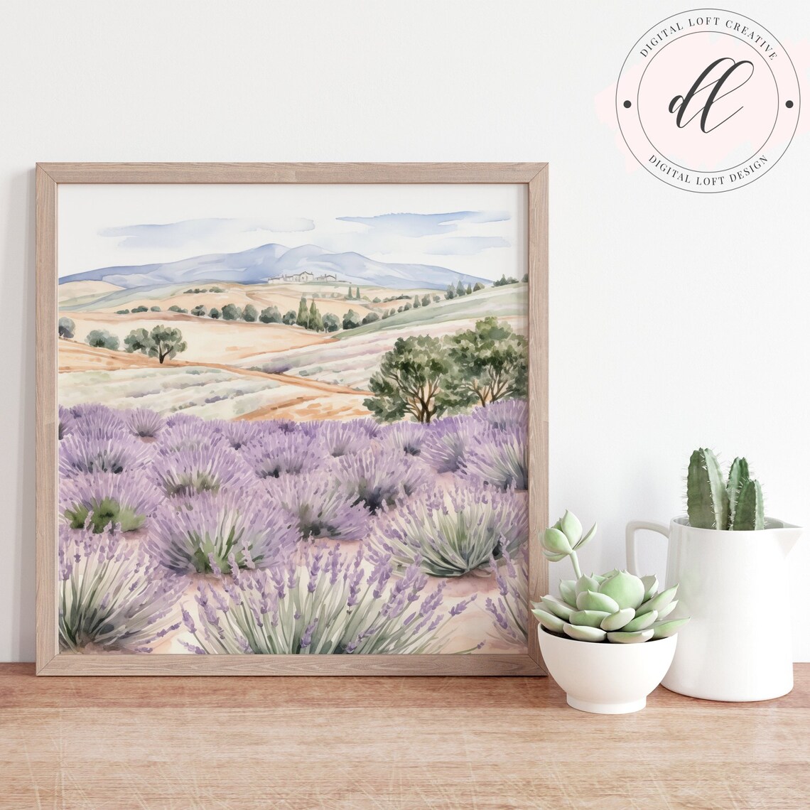Purple Lavender Field Rolling Hills Watercolor Landscape Poster
