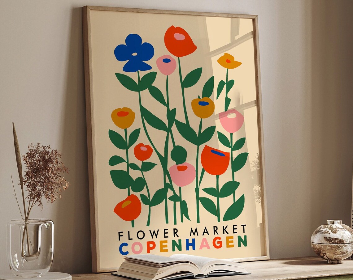 Colorful Copenhagen Flower Market Mid Century Botanical Poster