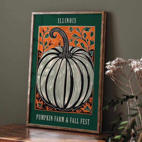 Illinois Pumpkin Farm Fall Fest Harvest Linocut Style Poster