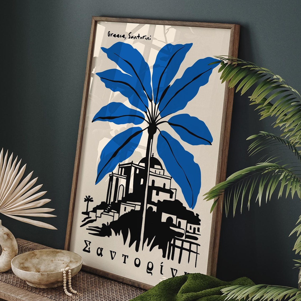 Santorini Greece Blue Palm Tree Village Architecture Art Poster - Image 3