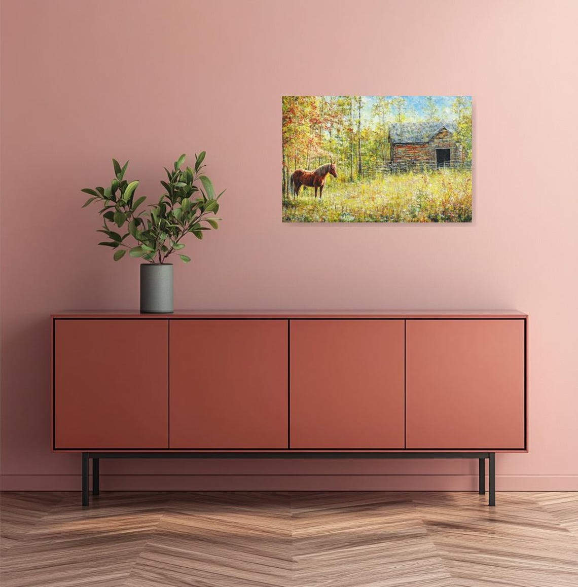 Golden Chestnut Horse Rustic Barn Autumn Meadow Country Poster - Image 3