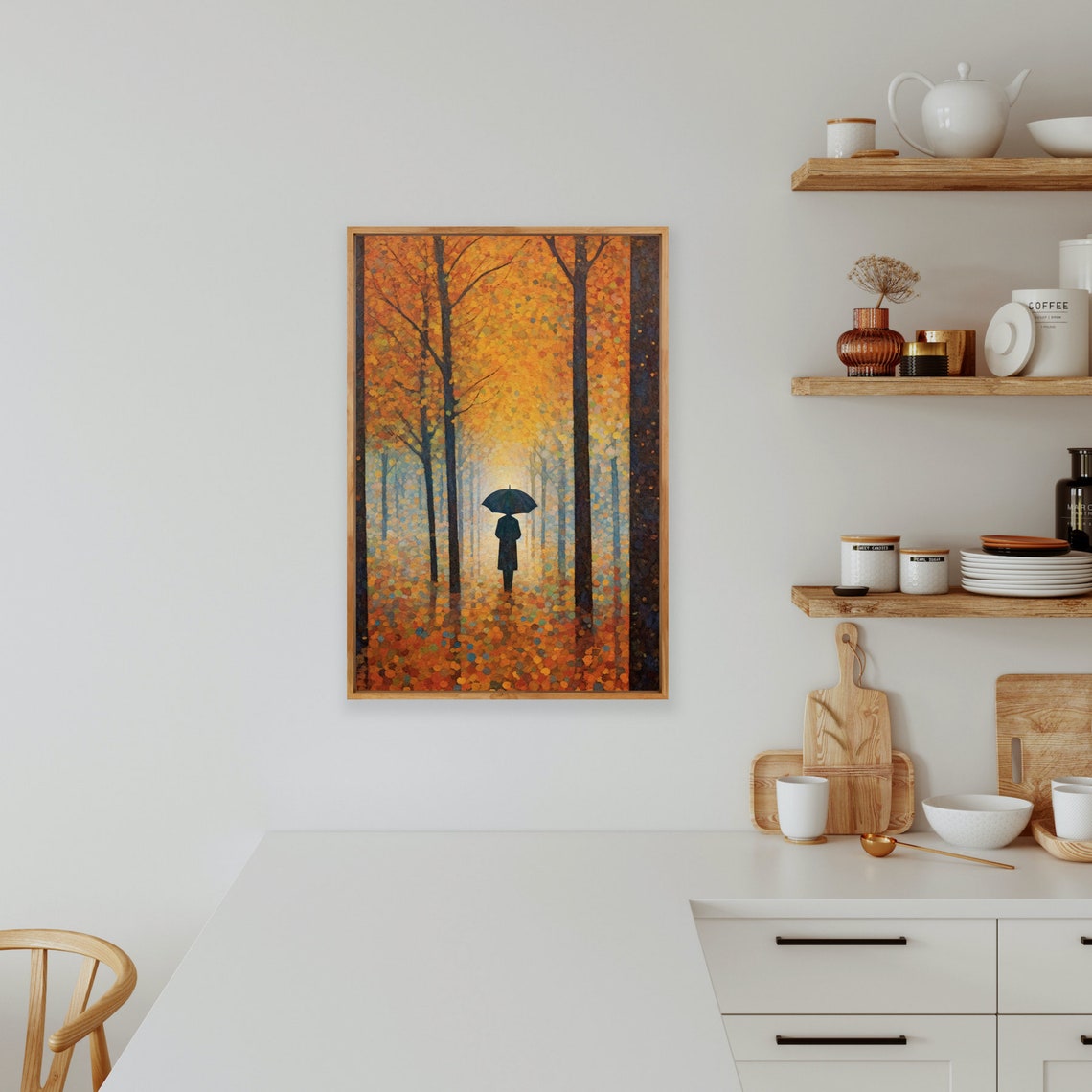 Autumn Path Figure With Umbrella Pointillist Fall Landscape Poster - Image 2