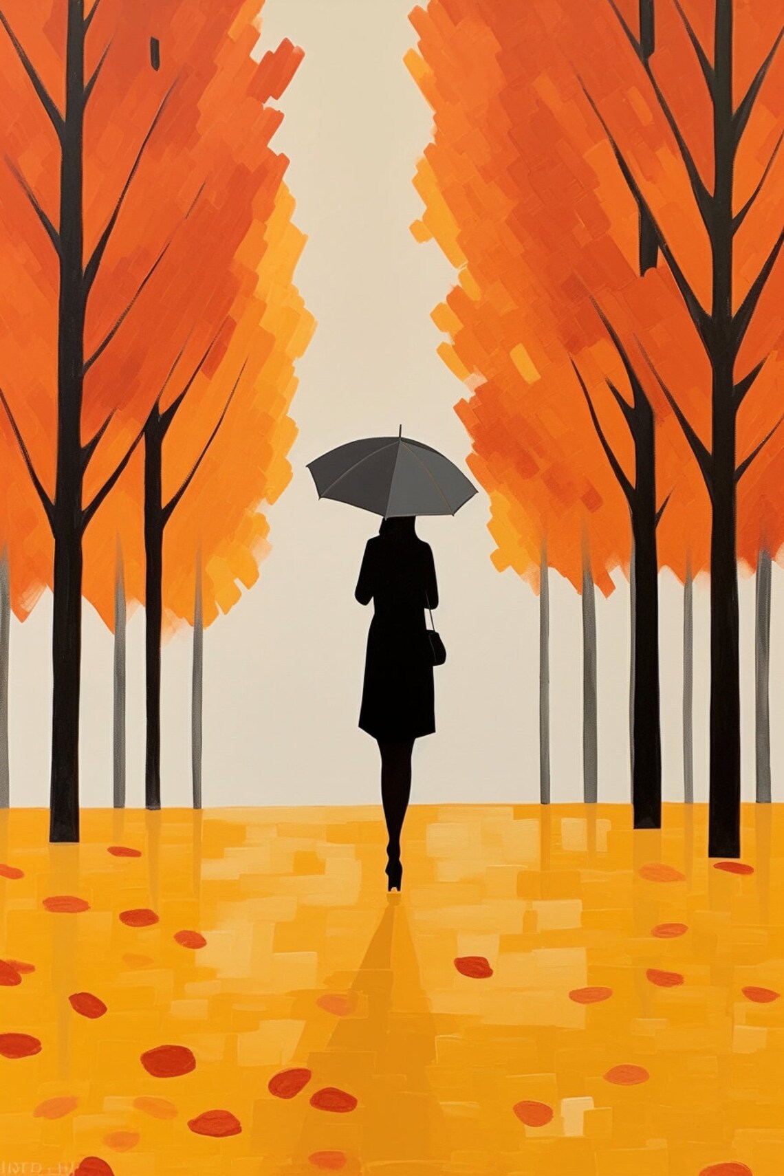 Woman With Umbrella Orange Autumn Trees Minimalist Art Poster