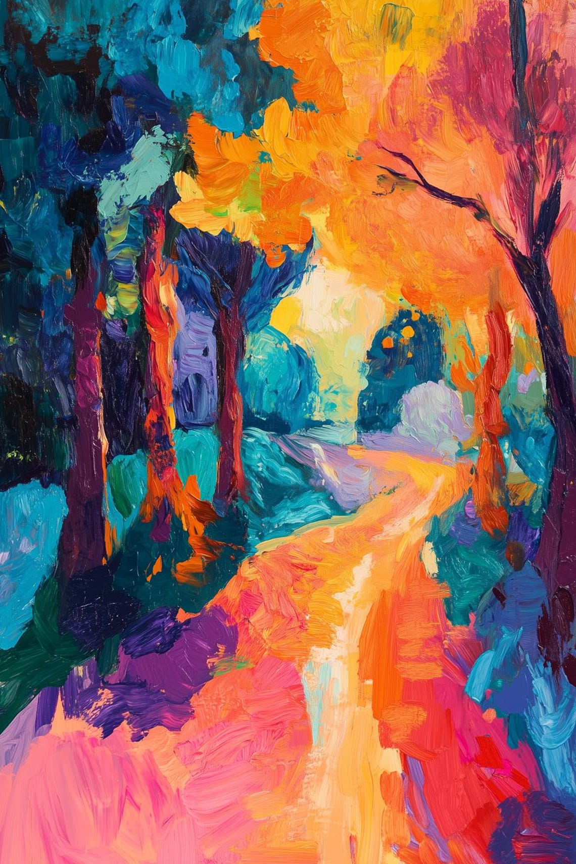Vivid Autumn Forest Path in Electric Teal and Fiery Orange Poster