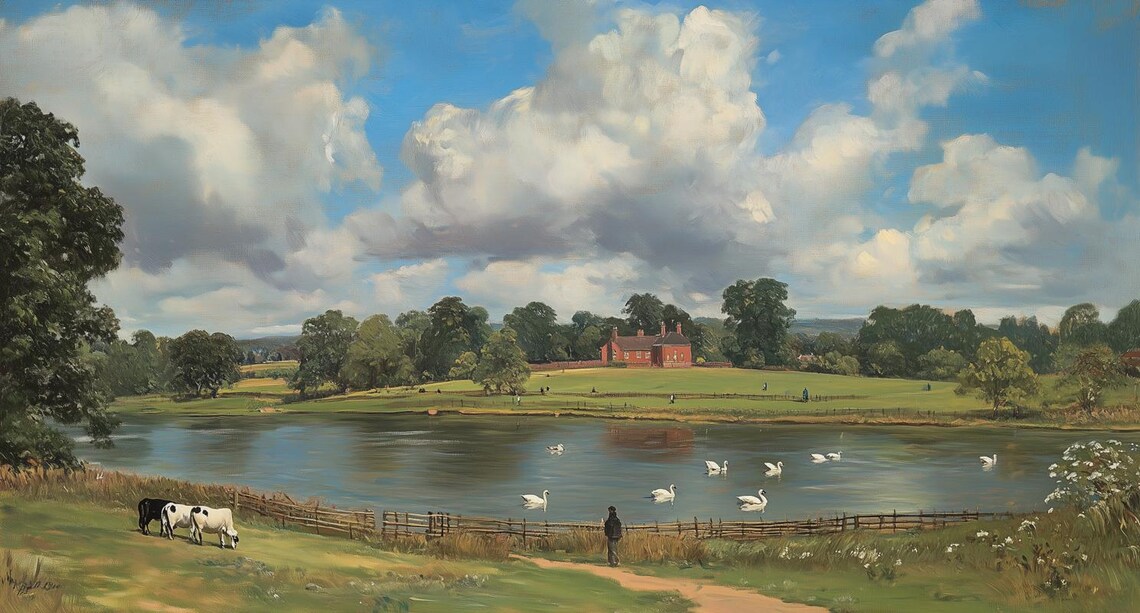 English Countryside Lake with Swans Cows and Manor House Poster