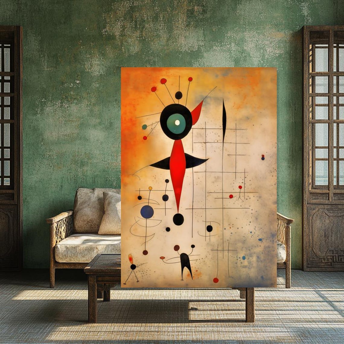 Miró Style Abstract Red Sun Figure on Warm Orange Canvas Poster - Image 2