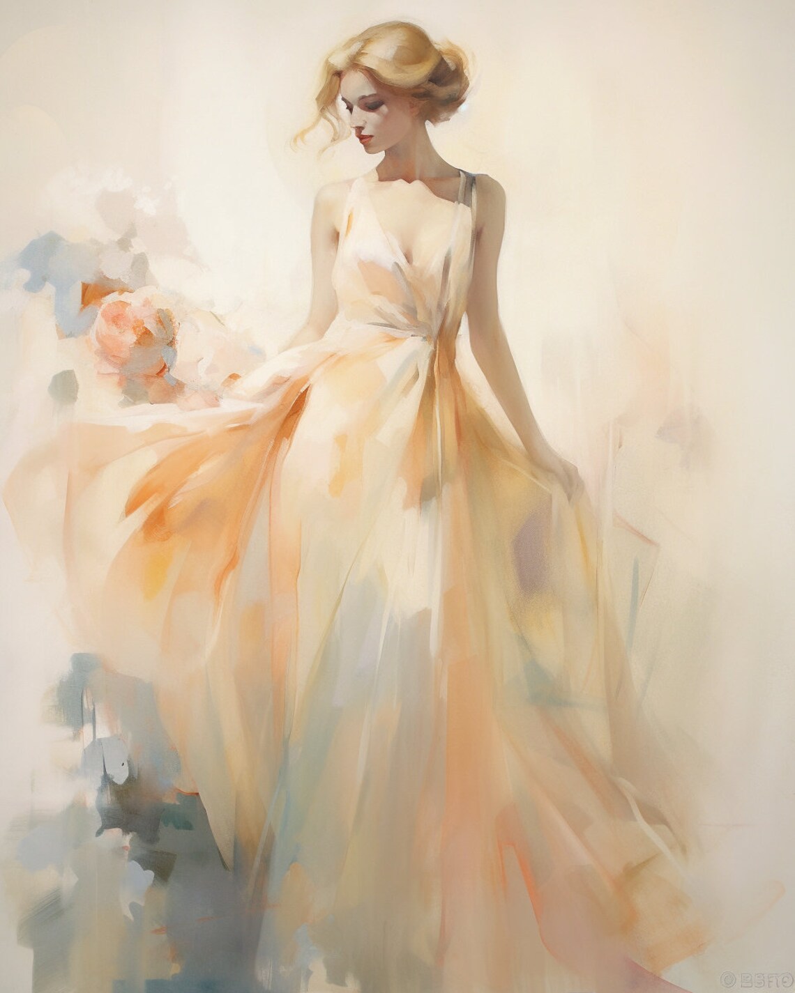 Graceful Woman in Flowing Peach Gown Elegant Watercolor Poster