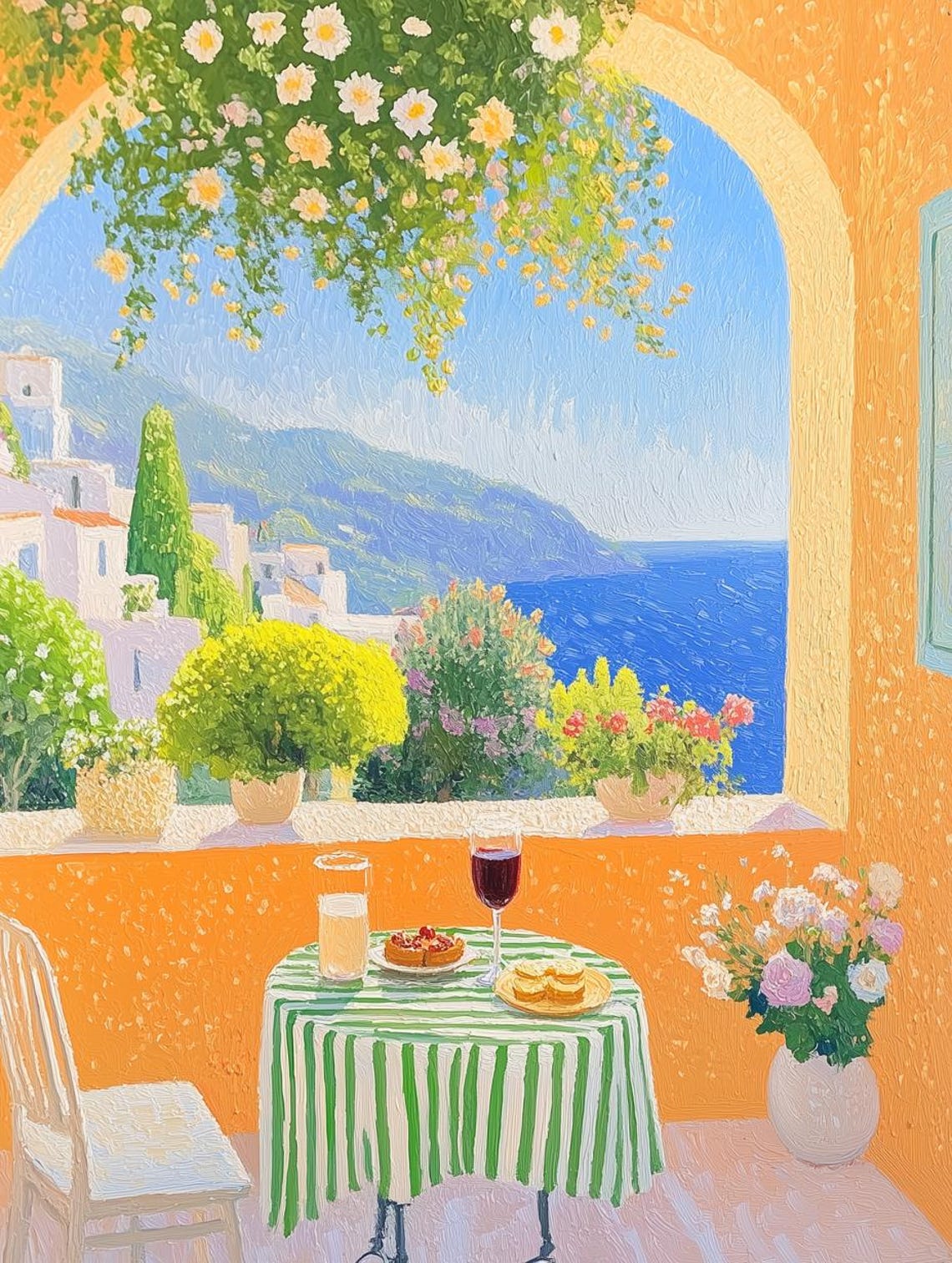 Sunny Coastal Terrace Cafe Table With Sea View Floral Art Poster
