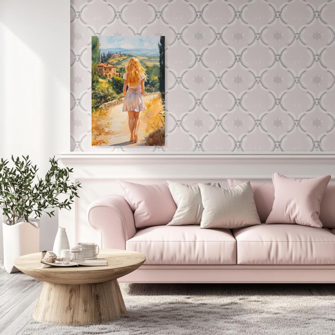 Woman Walking Toward a Tuscan Hill Town Watercolor Scene Poster - Image 5