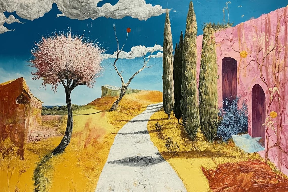 Surreal Sunlit Pathway Mediterranean Pink Villa Scene Art Poster