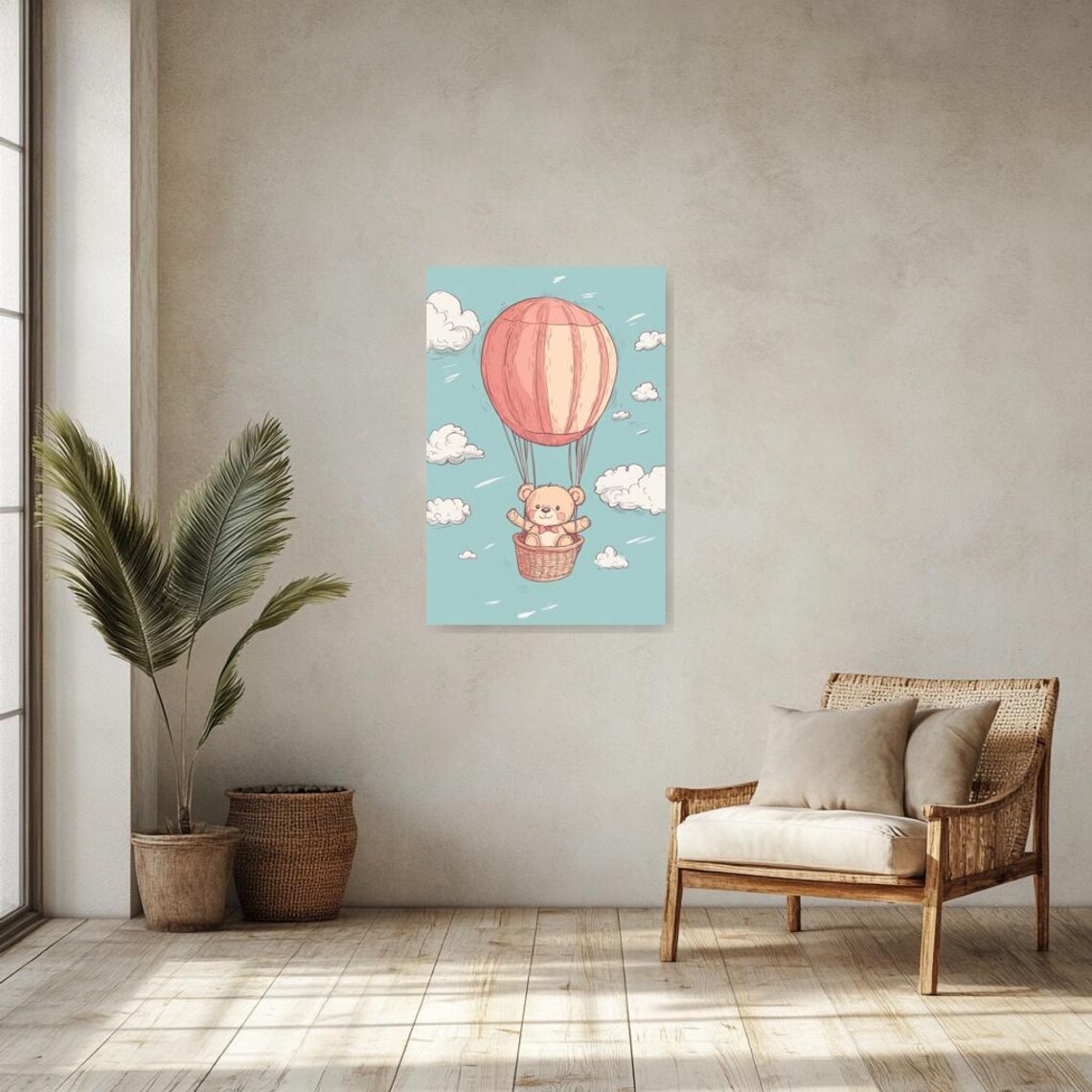 Cute Teddy Bear in a Pink Hot Air Balloon Nursery for Kids Room Decor Poster - Image 2