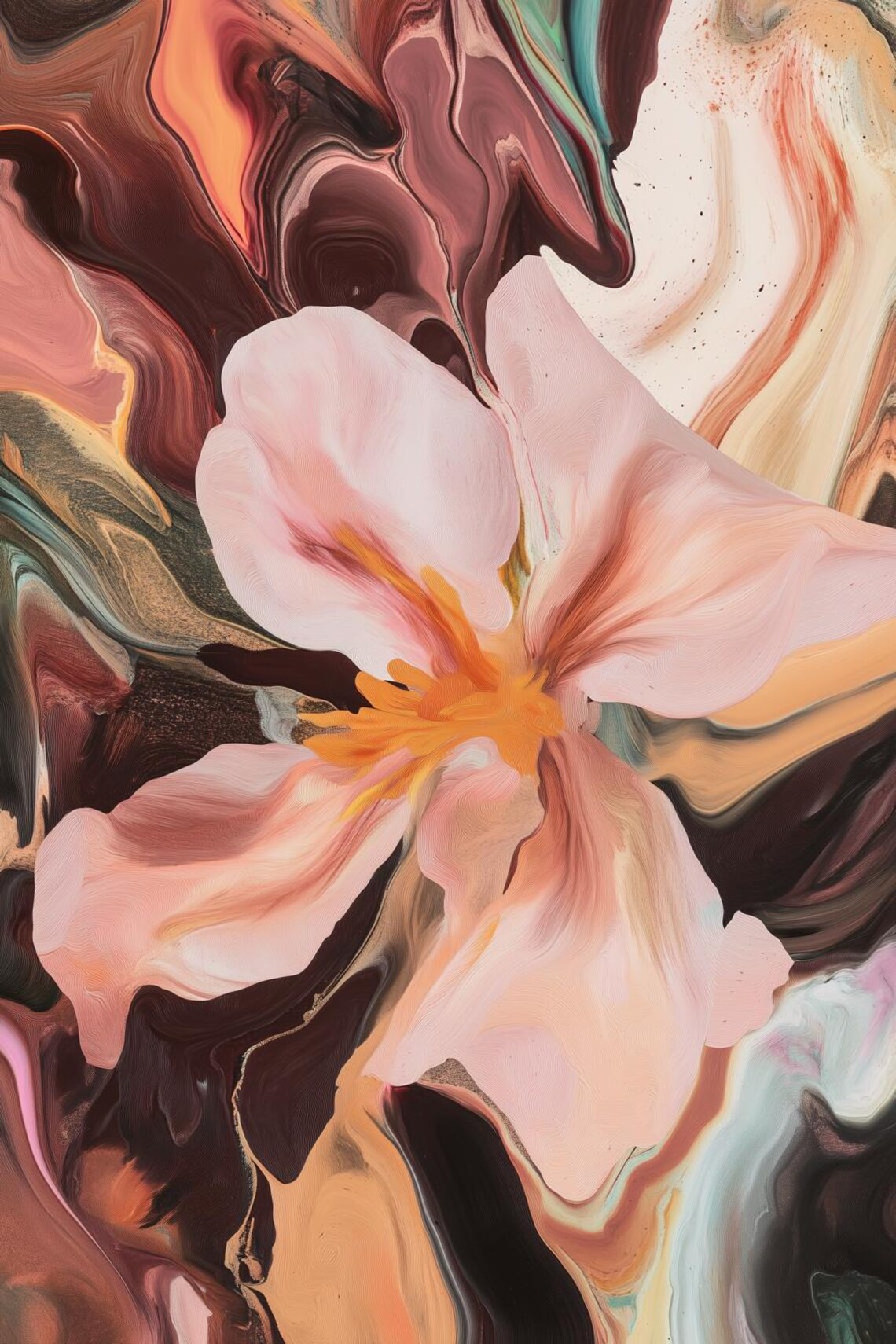 Blush Pink Flower Blooming on a Marble Swirl Abstract Floral Poster