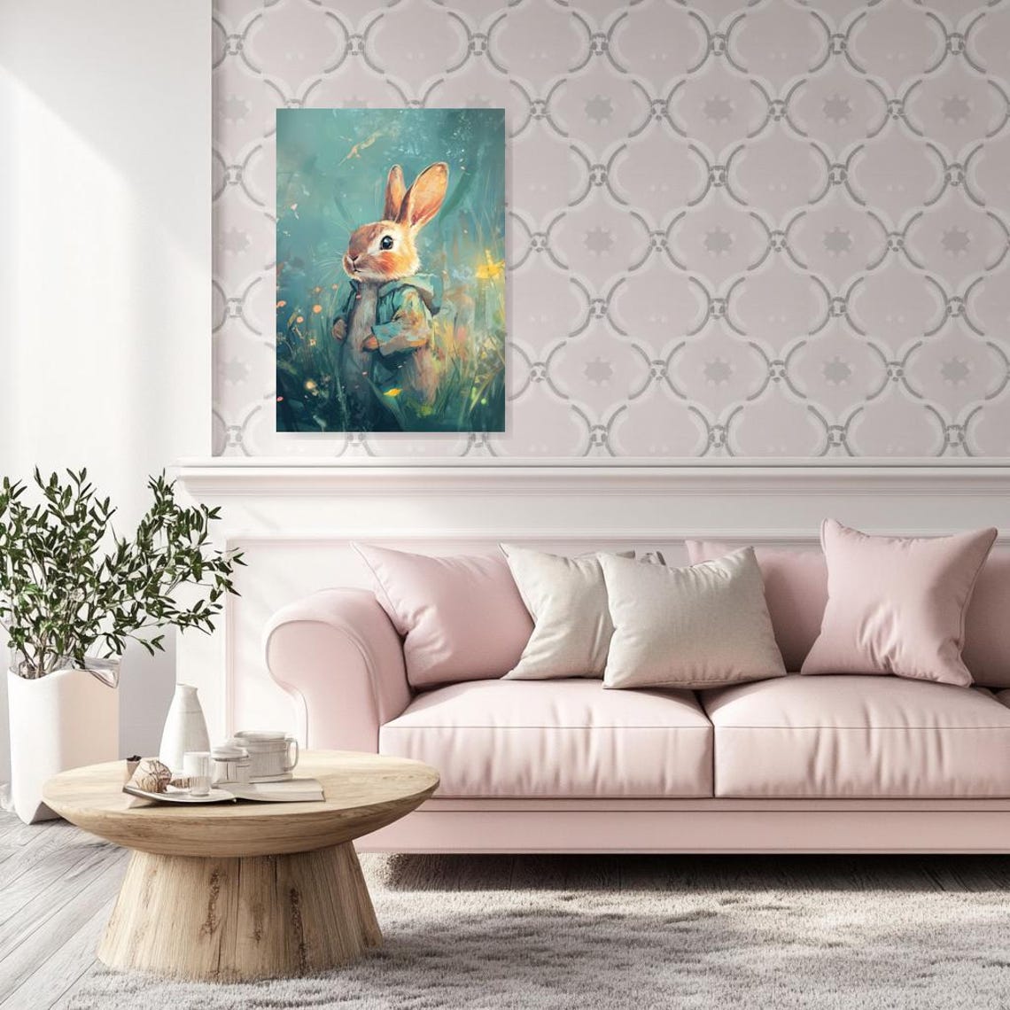 Whimsical Bunny in a Blue Jacket in a Dreamy Teal Meadow Poster - Image 5