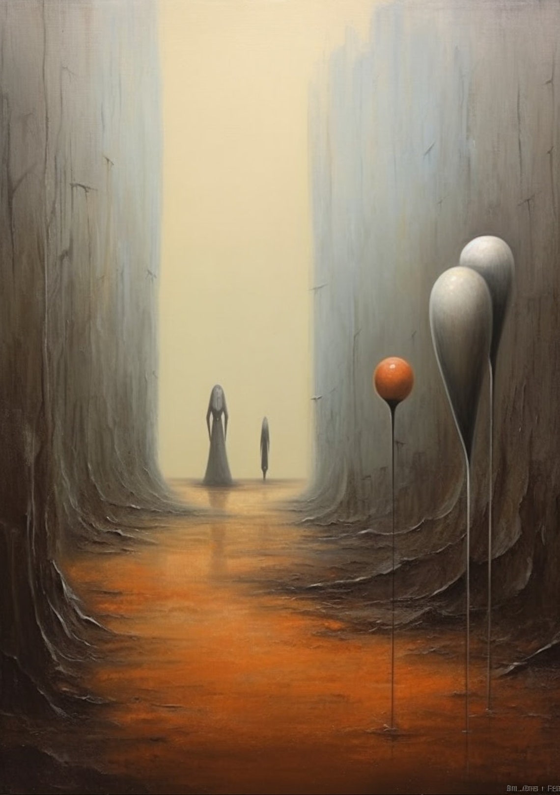 Surreal Dreamscape Canyon Figures Balloons Abstract Art Poster