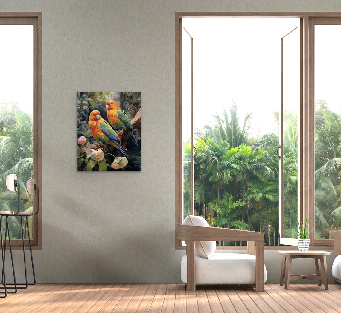 Two Colorful Parrot Lovers Perched on Botanical Branch Poster - Image 2