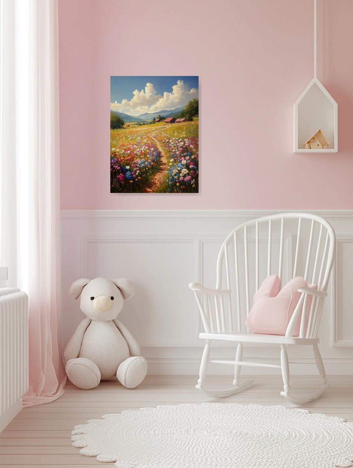 Bright Summer Wildflower Meadow Path with Wooden Cabins Poster - Image 3