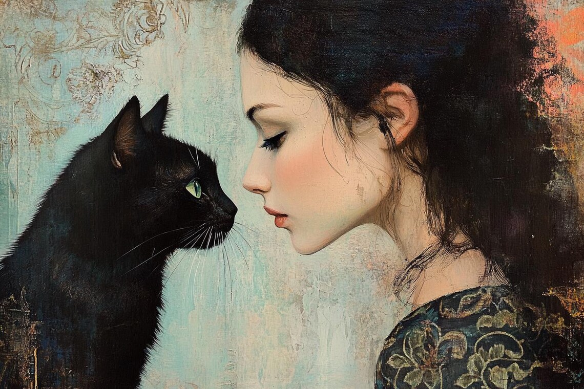 Young Woman And Black Cat Nose To Nose Painterly Portrait Art Poster