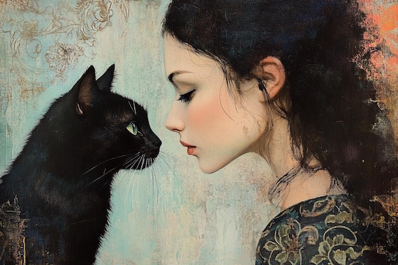 Young Woman And Black Cat Nose To Nose Painterly Portrait Art Poster