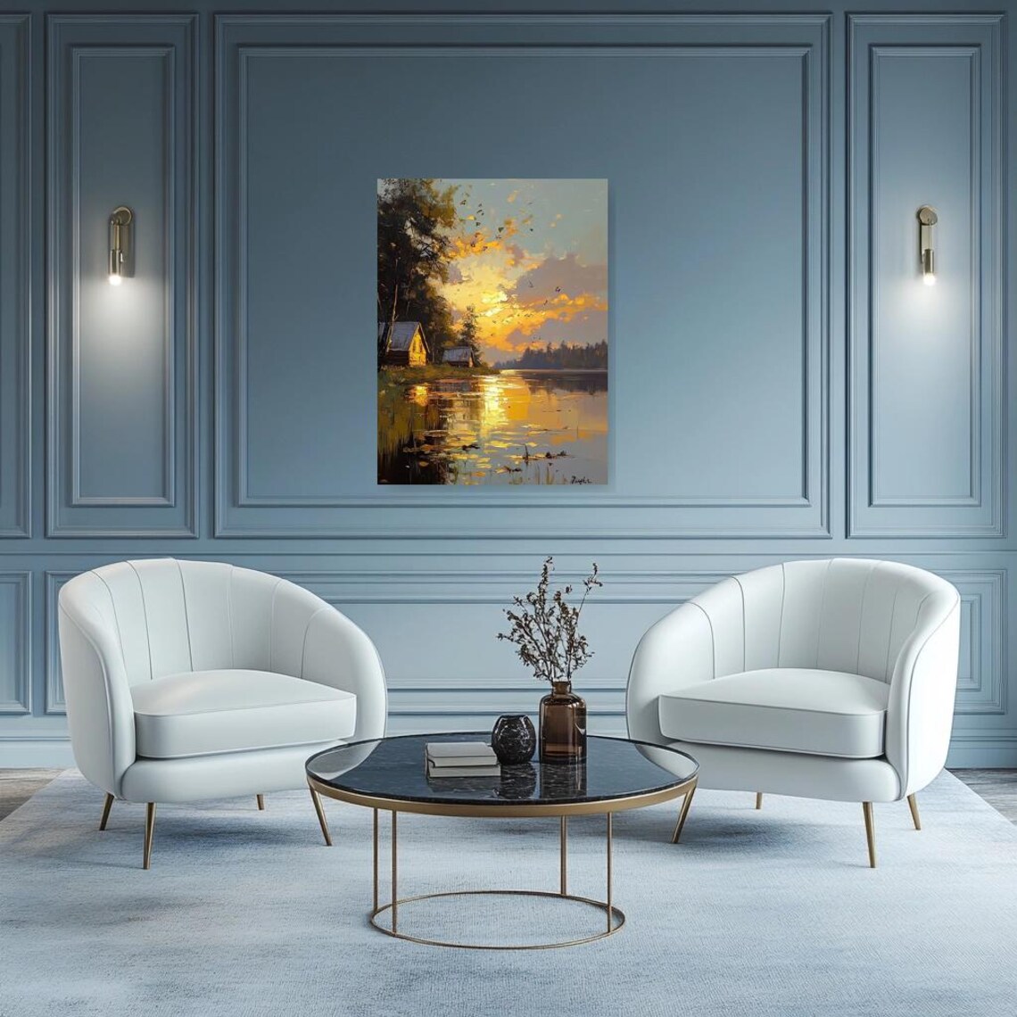 Golden Sunset Shimmering Across Calm Water by Lakeside Cabins Poster - Image 3