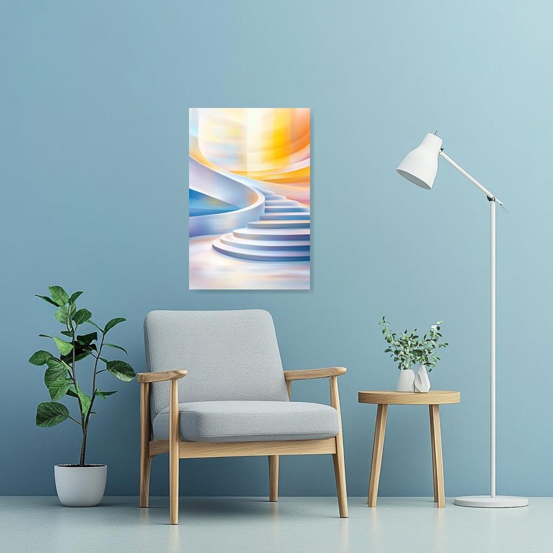 Abstract Stairs Artwork Print Inspired By Monet In Soft Blues And Warm Hues For Home Decor - Image 3