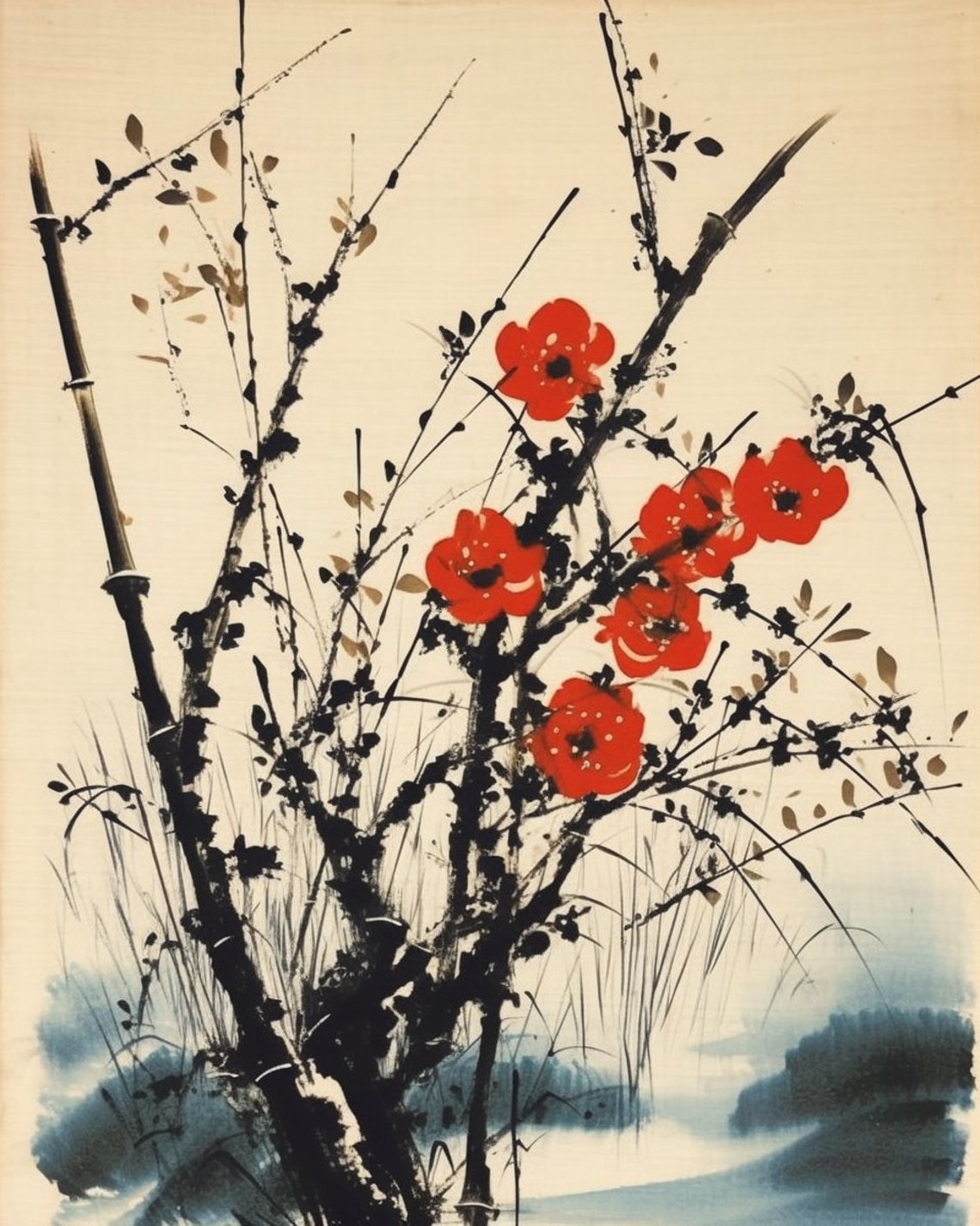 Red Blossoms on Black Ink Bamboo Chinese Style Floral Poster